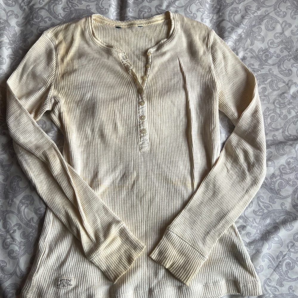 Lauren Ralph Lauren Cream Ribbed Henley Long-Sleeve Top